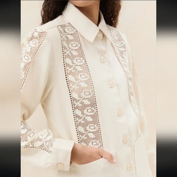 Loeffler Randall Shacket Cream Scottie Broderie Chore Jacket Large